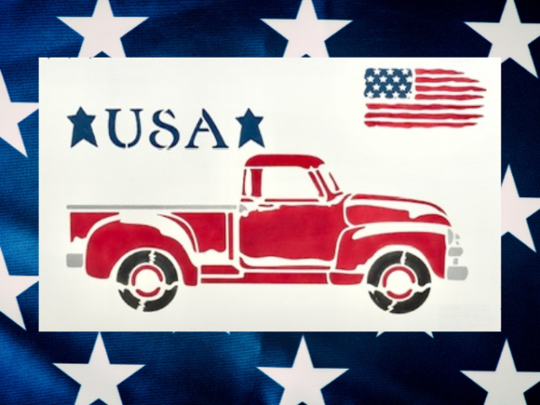 patriotic and vintage sign featuring an old red truck with the words "USA" and a USA flag above the truck sitting on a crisp white background