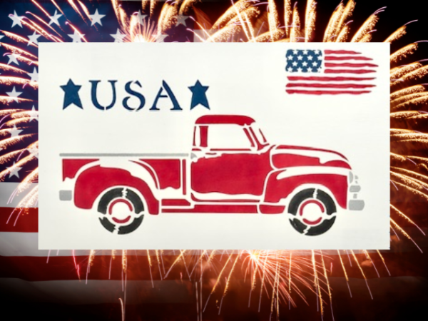 patriotic and vintage sign featuring an old red truck with the words "USA" and a USA flag above the truck sitting on a crisp white background