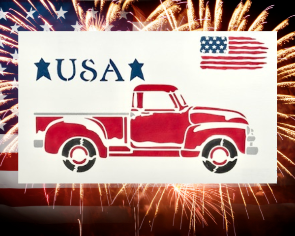 patriotic and vintage sign featuring an old red truck with the words "USA" and a USA flag above the truck sitting on a crisp white background