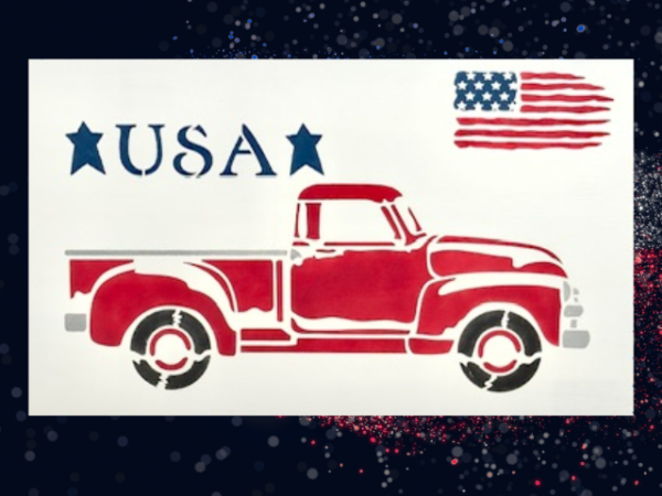 patriotic and vintage sign featuring an old red truck with the words "USA" and a USA flag above the truck sitting on a crisp white background