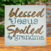 sign that reads "Blessed by Jesus Spoiled by Grandma" on a calm, pastel blue background
