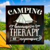 witty camping sign that is distressed and painted in black, brown, and tan - sign reads "Camping because therapy is expensive"
