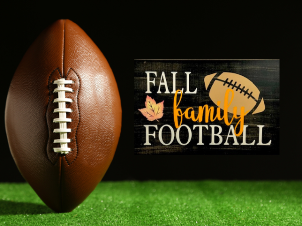 beautiful autumn rustic background sign that reads fall, family, football in colorful lettering with a football on the side