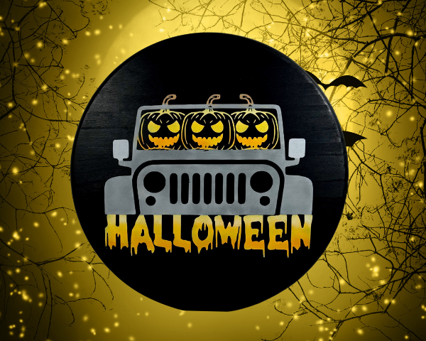 Round pine Halloween sign that has a rich black background and three pumpkin heads driving a gray Jeep - the word Halloween is written below in orange, yellow, and white ombre hues