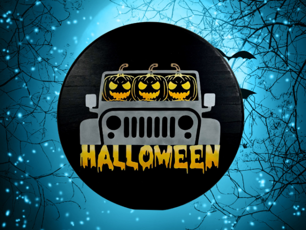 Round pine Halloween sign that has a rich black background and three pumpkin heads driving a gray Jeep - the word Halloween is written below in orange, yellow, and white ombre hues