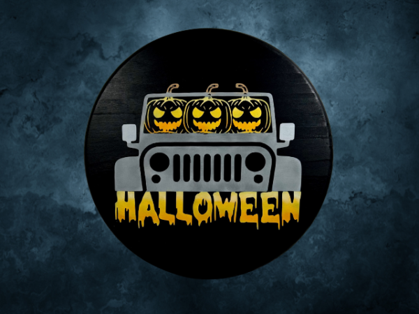 Round pine Halloween sign that has a rich black background and three pumpkin heads driving a gray Jeep - the word Halloween is written below in orange, yellow, and white ombre hues