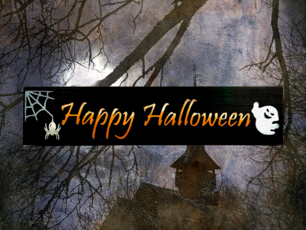 spooky halloween sign made of a fence picket - sign has a black background with a spider web in one corner and a ghost in the other corner - Happy Halloween is written in the center in yellow, orange, and white ombre