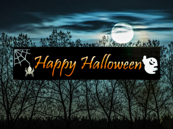 spooky halloween sign made of a fence picket - sign has a black background with a spider web in one corner and a ghost in the other corner - Happy Halloween is written in the center in yellow, orange, and white ombre