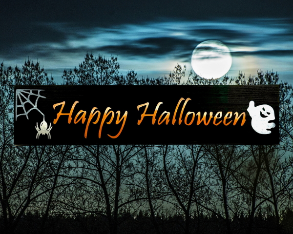 spooky halloween sign made of a fence picket - sign has a black background with a spider web in one corner and a ghost in the other corner - Happy Halloween is written in the center in yellow, orange, and white ombre