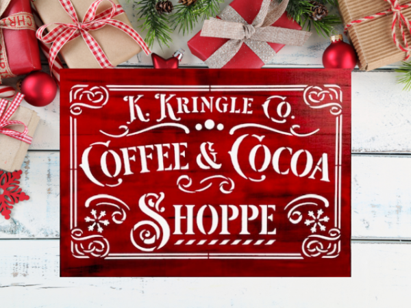 beautiful Christmas sign with a red and black background and sharp white lettering that says K. Kringle Co Coffee & Cocoa