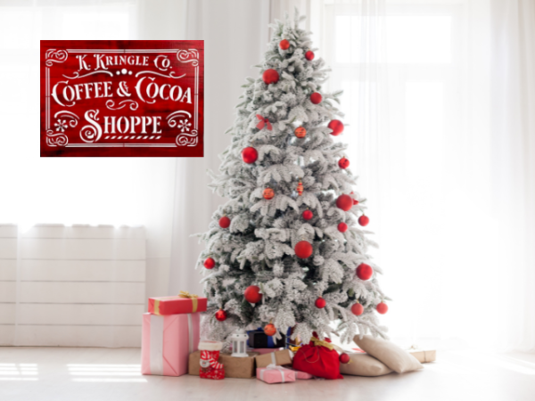 beautiful Christmas sign with a red and black background and sharp white lettering that says K. Kringle Co Coffee & Cocoa