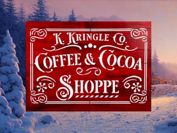 beautiful Christmas sign with a red and black background and sharp white lettering that says K. Kringle Co Coffee & Cocoa