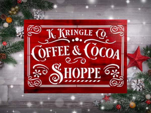 beautiful Christmas sign with a red and black background and sharp white lettering that says K. Kringle Co Coffee & Cocoa