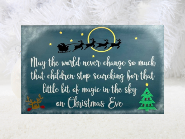 May the world never change Christmas sign is on a night sky background with santa and his reindeer flying over