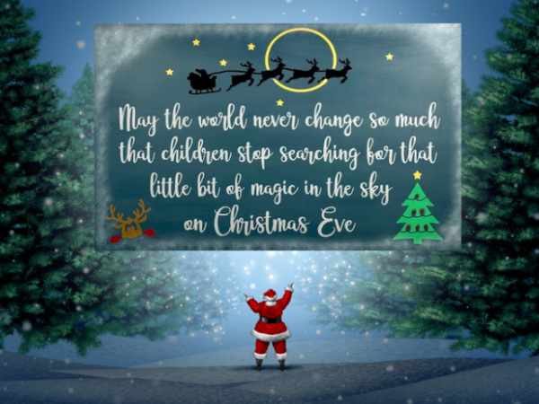 May the world never change Christmas sign is on a night sky background with santa and his reindeer flying over