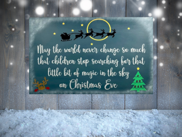 May the world never change Christmas sign is on a night sky background with santa and his reindeer flying over