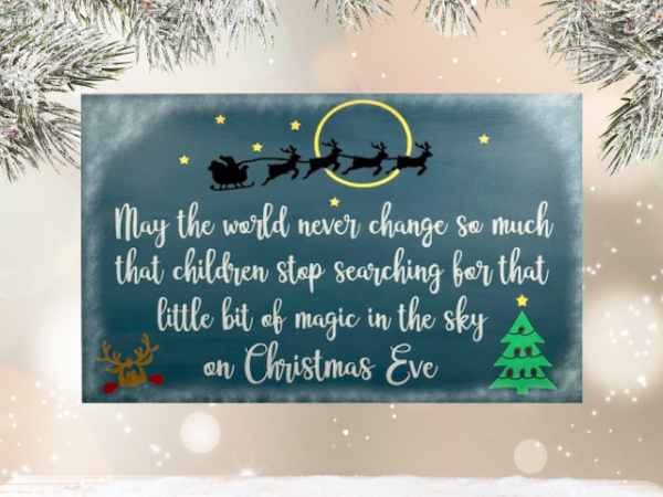 May the world never change Christmas sign is on a night sky background with santa and his reindeer flying over