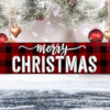 festive Christmas sign with black and red plaid background and the worlds "Merry Christmas" centered in bold white cursive lettering