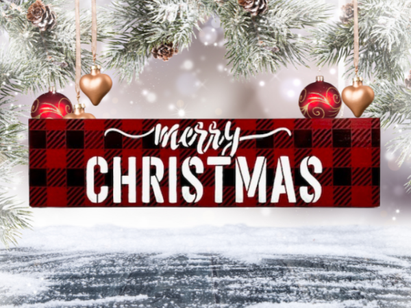 festive Christmas sign with black and red plaid background and the worlds "Merry Christmas" centered in bold white cursive lettering