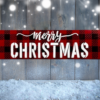 festive Christmas sign with black and red plaid background and the worlds "Merry Christmas" centered in bold white cursive lettering
