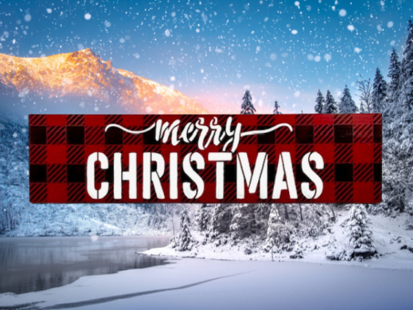 festive Christmas sign with black and red plaid background and the worlds "Merry Christmas" centered in bold white cursive lettering