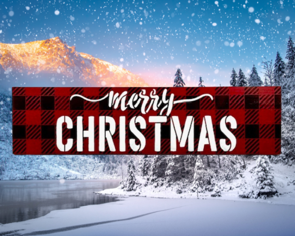 festive Christmas sign with black and red plaid background and the worlds "Merry Christmas" centered in bold white cursive lettering