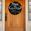 Please No Soliciting pine wood round sign that says Please No Soliciting - It's not personal, we just dont want to talk to you, or hear you, or see you. Black background and crisp white lettering finish off this cheerful sign
