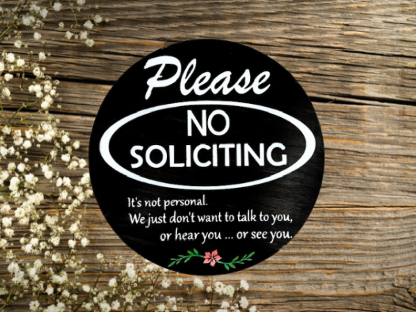 Please No Soliciting pine wood round sign that says Please No Soliciting - It's not personal, we just dont want to talk to you, or hear you, or see you. Black background and crisp white lettering finish off this cheerful sign