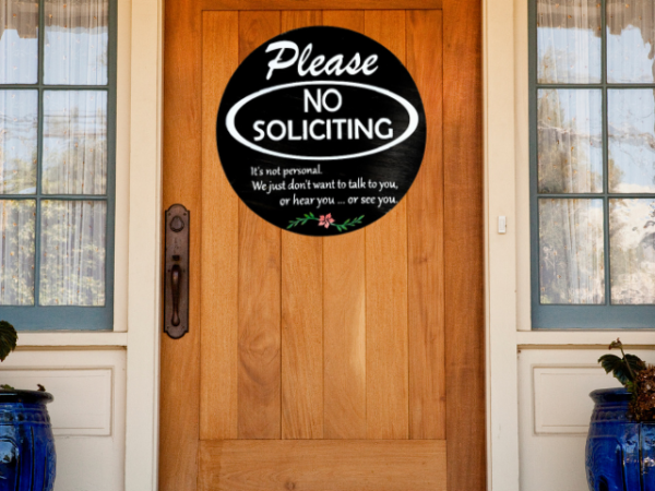 Please No Soliciting pine wood round sign that says Please No Soliciting - It's not personal, we just dont want to talk to you, or hear you, or see you. Black background and crisp white lettering finish off this cheerful sign