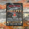 rustic campfire sign that reads "Welcome to our Firepit in beautiful orange and yellow ombre letters - the phrase "where friends and marshmallows get toasted at the same time" are painted at the bottom