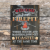rustic campfire sign that reads "Welcome to our Firepit in beautiful orange and yellow ombre letters - the phrase "where friends and marshmallows get toasted at the same time" are painted at the bottom
