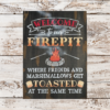 rustic campfire sign that reads "Welcome to our Firepit in beautiful orange and yellow ombre letters - the phrase "where friends and marshmallows get toasted at the same time" are painted at the bottom