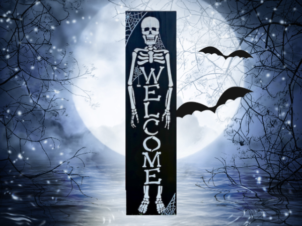 4 ft x 11 1/4" pine wood Skeleton Welcome Leaner - black background with dirty white skeleton, spider webs in the corners with the word "Welcome" down the center of the skeleton