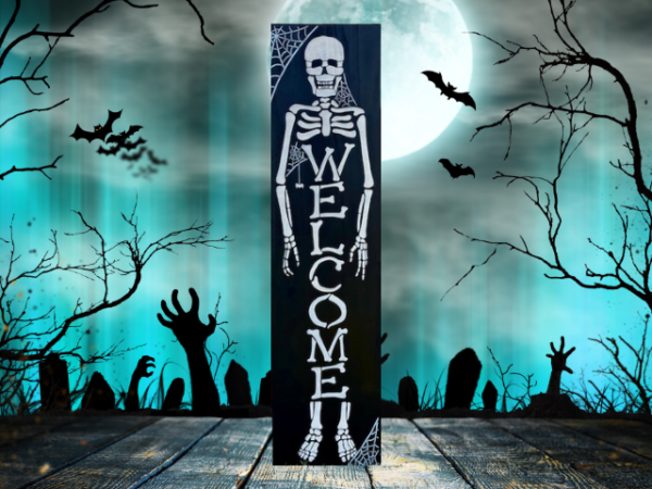 4 ft x 11 1/4" pine wood Skeleton Welcome Leaner - black background with dirty white skeleton, spider webs in the corners with the word "Welcome" down the center of the skeleton