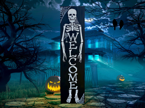 4 ft x 11 1/4" pine wood Skeleton Welcome Leaner - black background with dirty white skeleton, spider webs in the corners with the word "Welcome" down the center of the skeleton