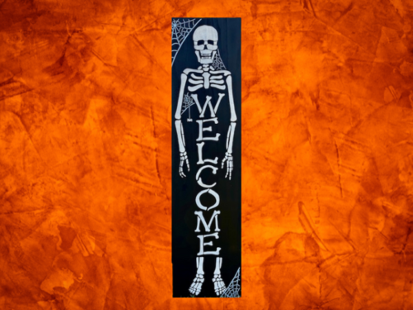 4 ft x 11 1/4" pine wood Skeleton Welcome Leaner - black background with dirty white skeleton, spider webs in the corners with the word "Welcome" down the center of the skeleton