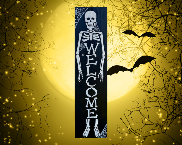 4 ft x 11 1/4" pine wood Skeleton Welcome Leaner - black background with dirty white skeleton, spider webs in the corners with the word "Welcome" down the center of the skeleton