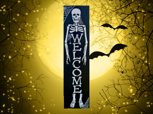 4 ft x 11 1/4" pine wood Skeleton Welcome Leaner - black background with dirty white skeleton, spider webs in the corners with the word "Welcome" down the center of the skeleton