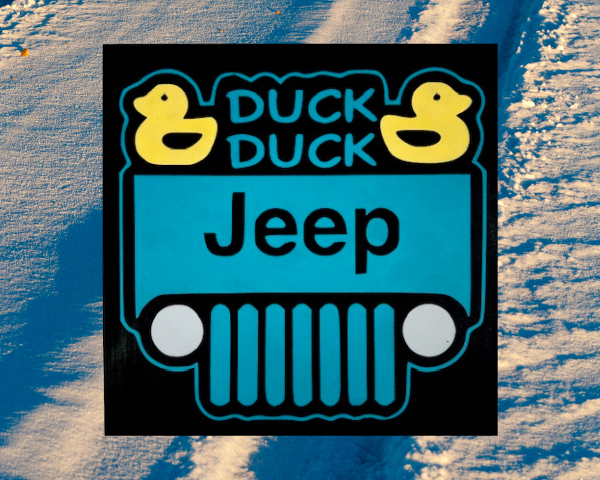 sign with a black background and teal jeep that has two bright yellow ducks in the corners