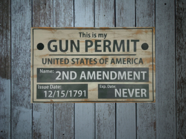 beautiful vintage sign made of 2 cedar fence picket boards that reads "This is my Gun Permit" - distressed creamy background with gray lettering