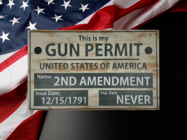 beautiful vintage sign made of 2 cedar fence picket boards that reads "This is my Gun Permit" - distressed creamy background with gray lettering