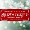 festive holiday sign with a Christmas red background and crisp white lettering that says "North Pole Milk & Cookies Co"