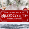 festive holiday sign with a Christmas red background and crisp white lettering that says "North Pole Milk & Cookies Co"