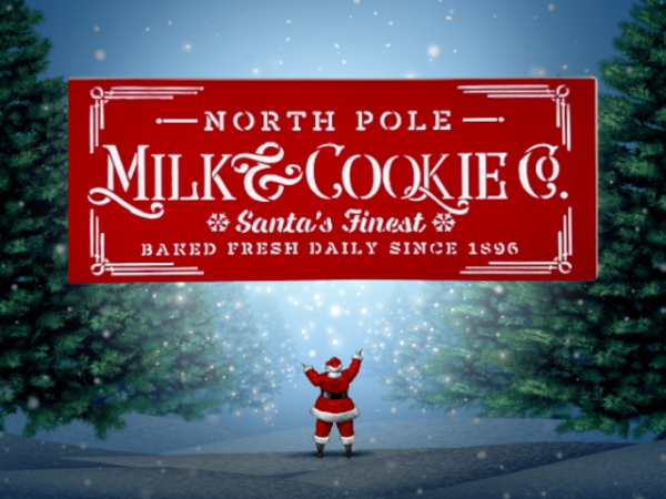 festive holiday sign with a Christmas red background and crisp white lettering that says "North Pole Milk & Cookies Co"