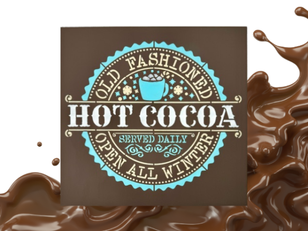 warm and cozy Christmas sign with a brown background and snowy blue and white lettering that says "Old Fashioned Hot Cocoa"