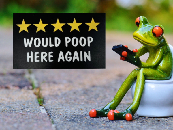 humorous bathroom sign on a deep black background with 5 bright yellow stars and crisp white lettering that reads "Would Poop Here Again"