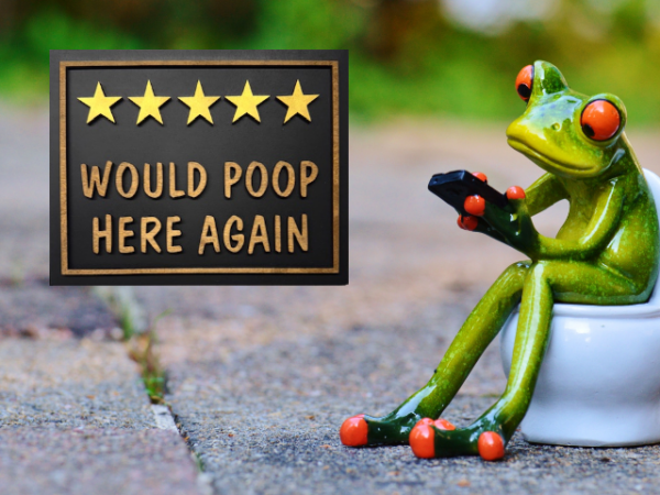 humorous laser bathroom sign on a deep black background with 5 bright yellow stars and beautifully stained laser lettering that reads "Would Poop Here Again"