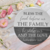 beautiful round lazy susan in two-toned Weathered Gray stain and Silver Lining paint - protected in epoxy coating - reads "Bless the food before us, the family beside us and the love between us"