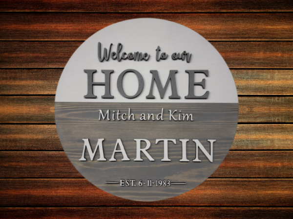 personalized Welcome to our Home pine wood round sign in Weathered Gray stain and Silver Lining paint