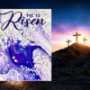 beautiful 8x10 fluid art canvas in a Dutch Pour - colors are shades of purple and white with the words "He Is Risen" handpainted in deep purple